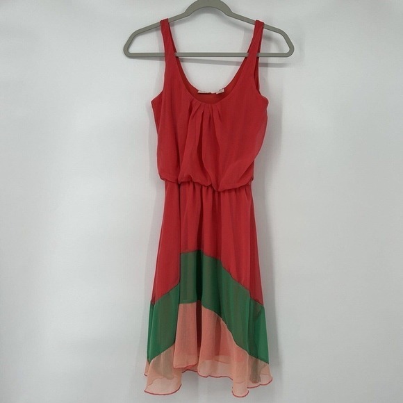 Daytrip Dresses & Skirts - Buckle Daytrip Fit Flare Color Block Dress Coral Green Asymmetric Hem Size S